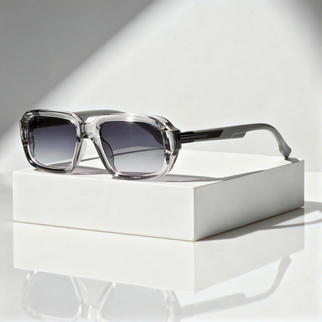 Sunglasses with gradient lenses on a white box against a light background