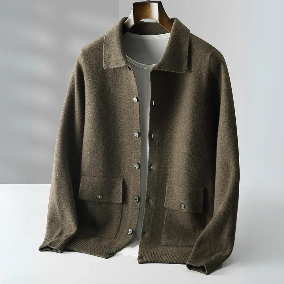 The Merino Classic Cardigan — detail view