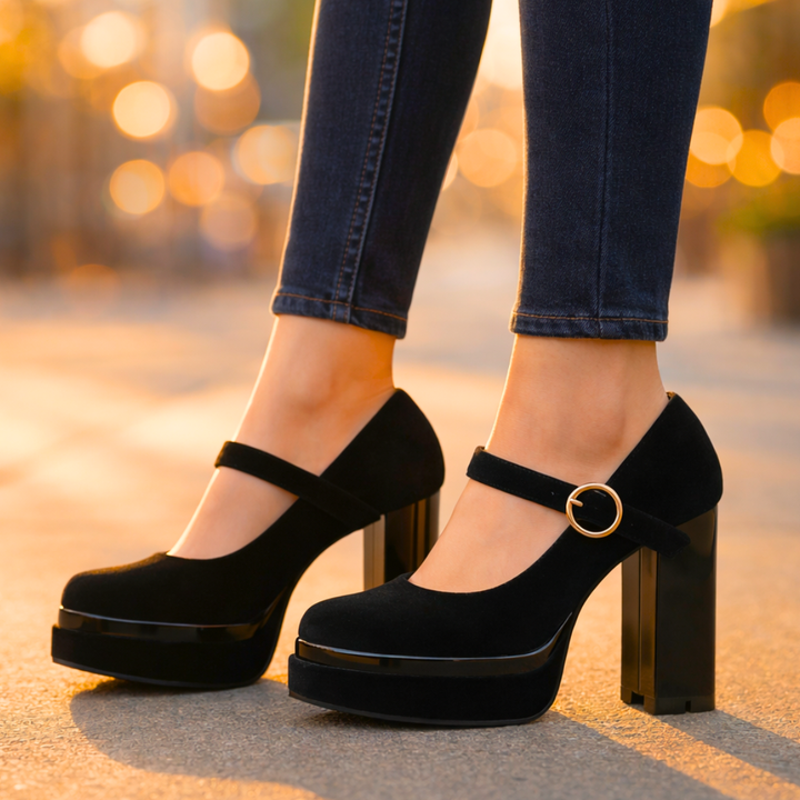 Seraphina Velvet Platform Pumps — styling shot