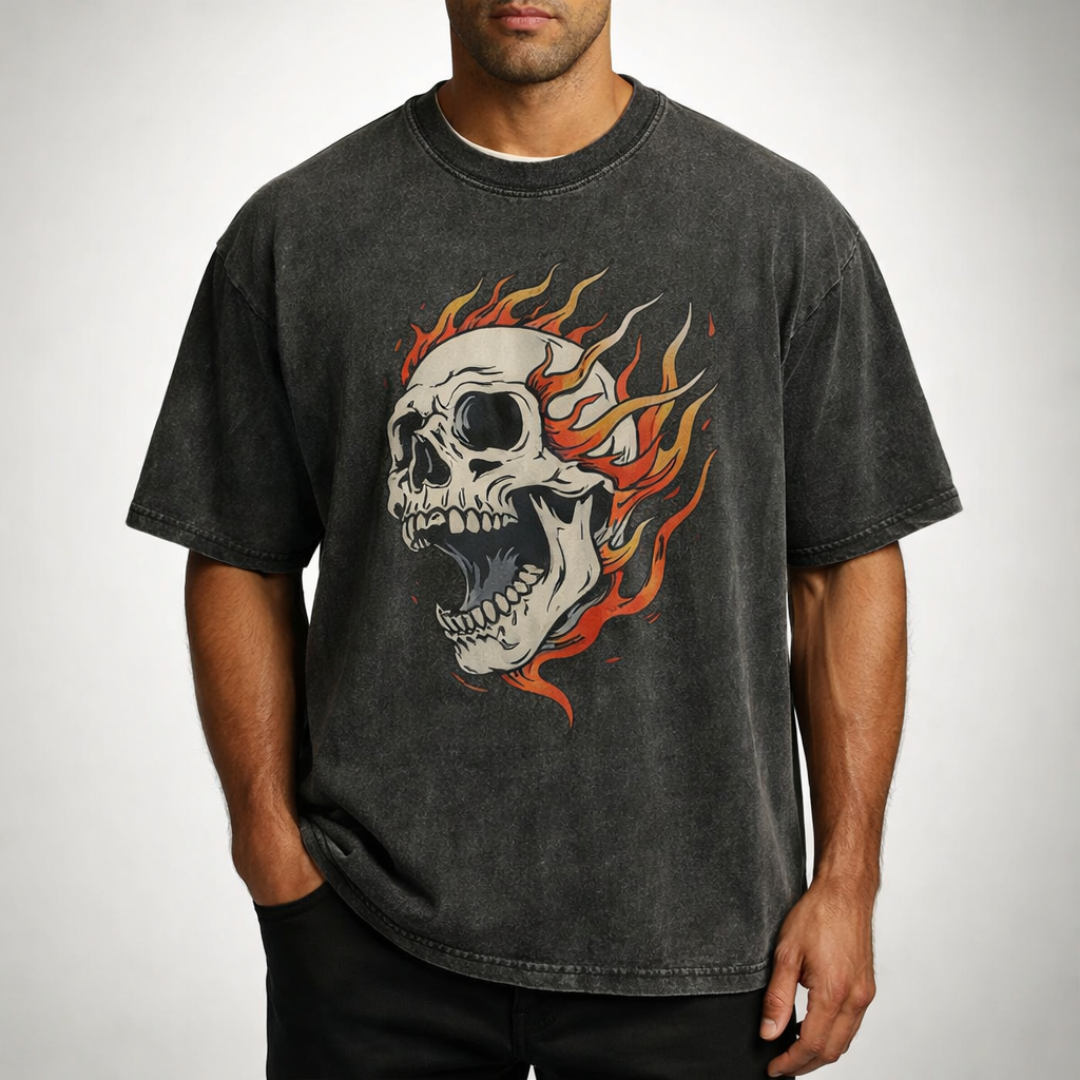 Oversized Acid Wash Flaming Skull Tee — front view