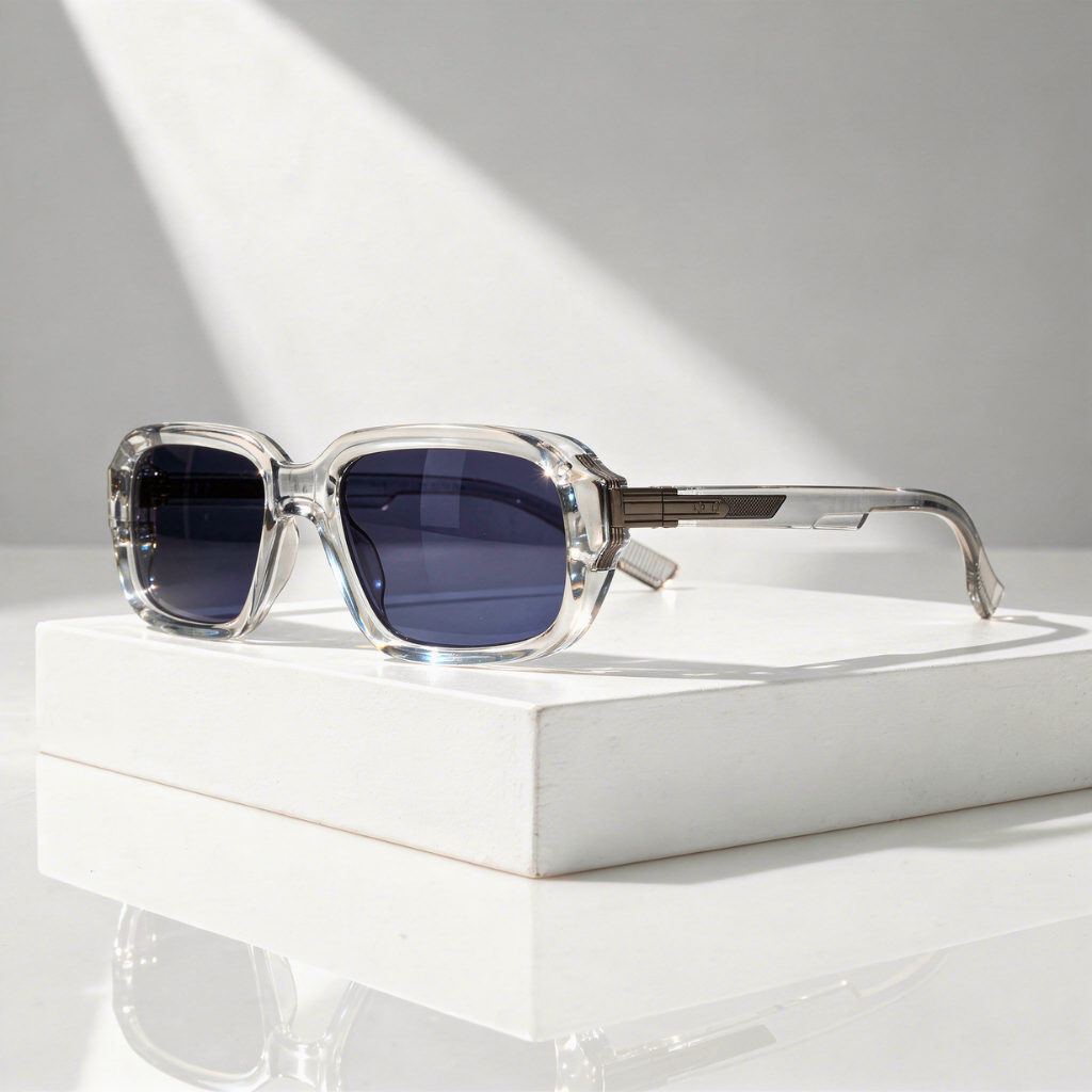Sunglasses with clear frame and dark lenses on a white surface