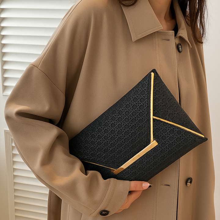 The Golden Envelope Clutch Bag — lifestyle shot