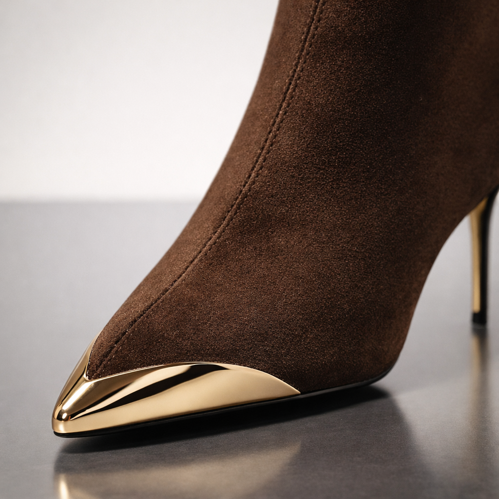 Harper Lane Gilded Suede Boots — close-up detail