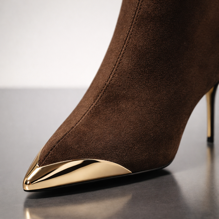 Harper Lane Gilded Suede Boots — close-up detail