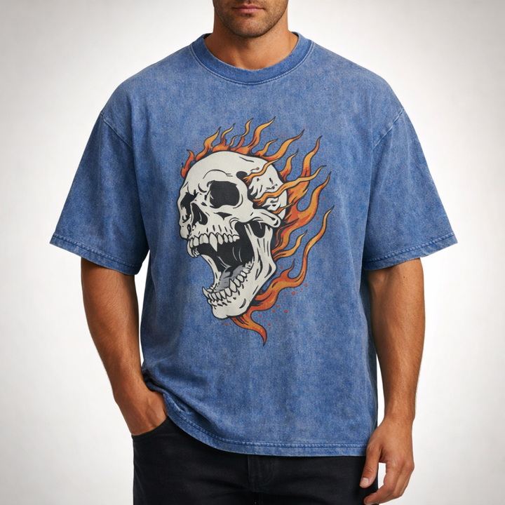 Oversized Acid Wash Flaming Skull Tee — detail view