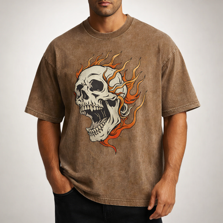 Oversized Acid Wash Flaming Skull Tee — back view