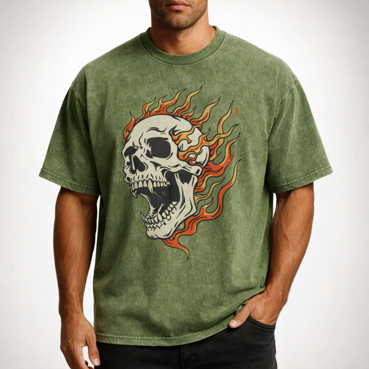 Oversized Acid Wash Flaming Skull Tee — side view