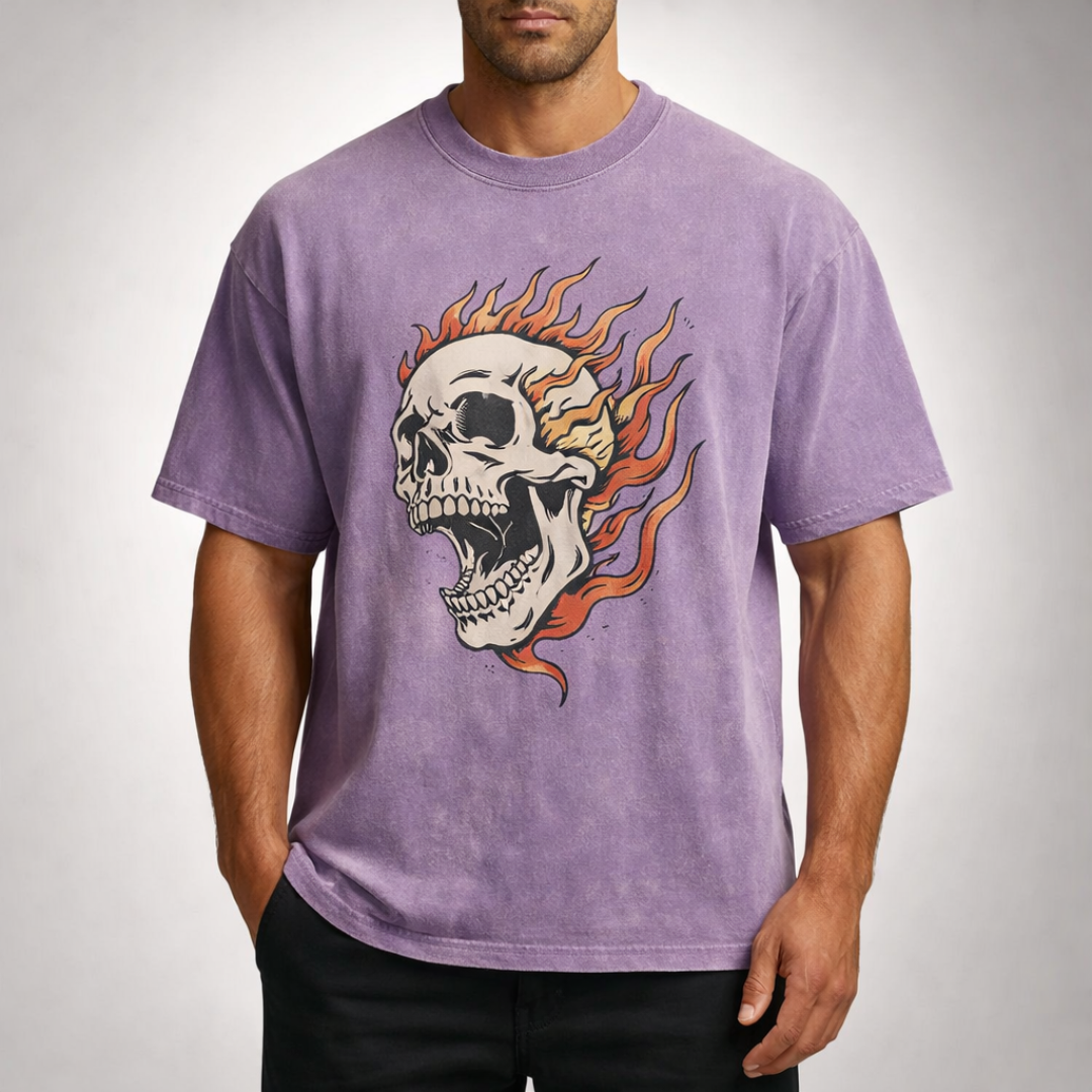 Oversized Acid Wash Flaming Skull Tee — lifestyle shot