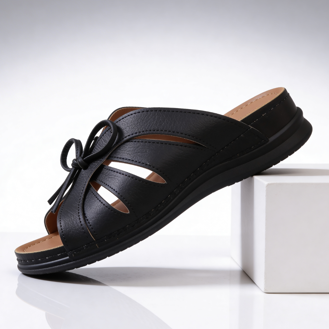 Odette Cushioned Bow Sandals — close-up detail
