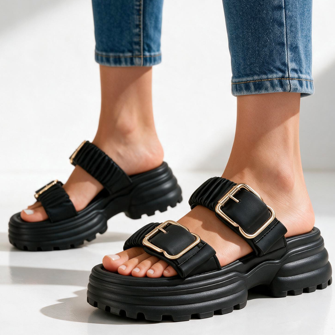 Tessa Ruched Buckle Sandals