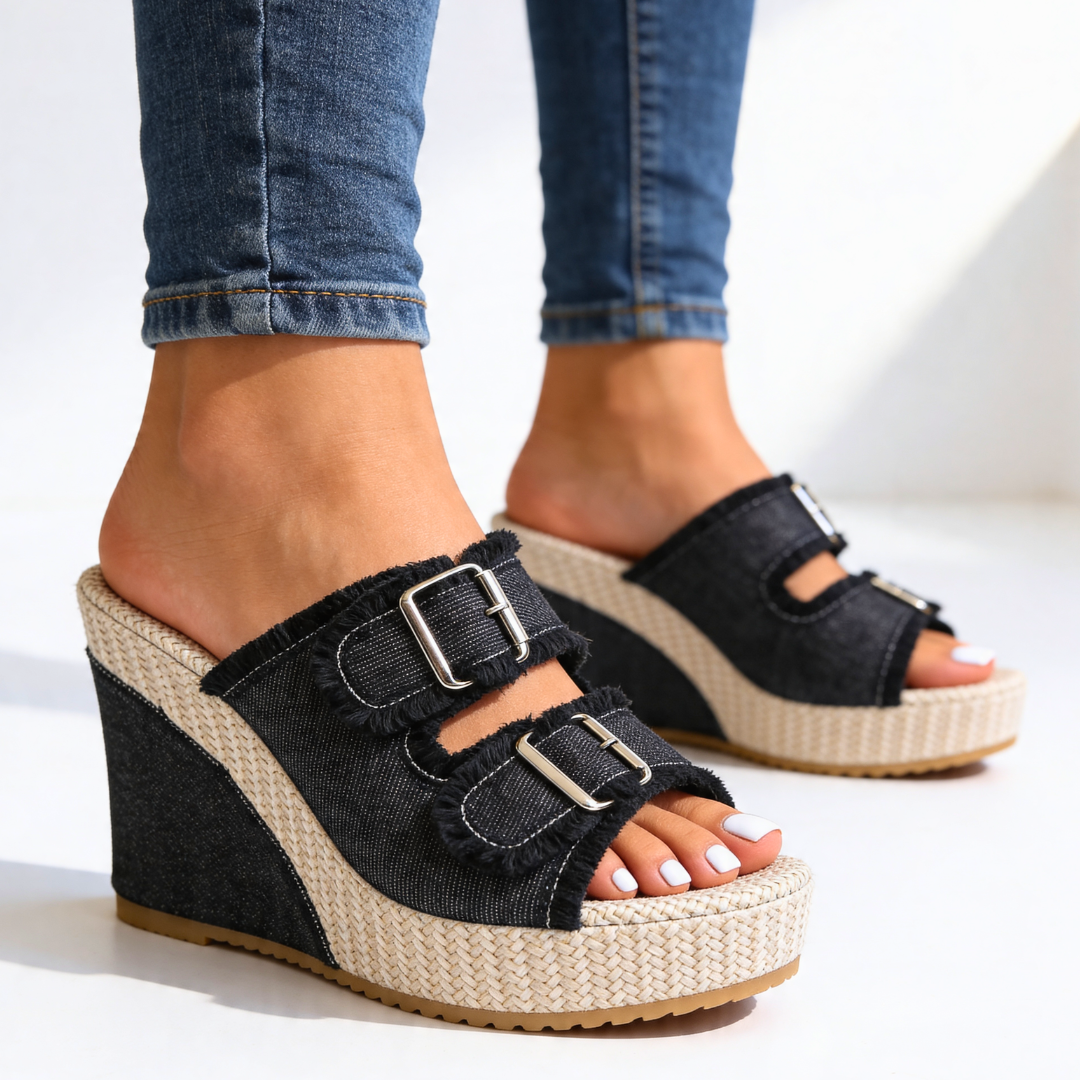 Harper Lane Denim Wedge — styling shot