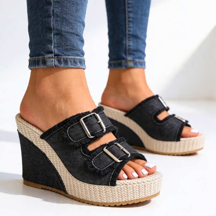 Harper Lane Denim Wedge — styling shot