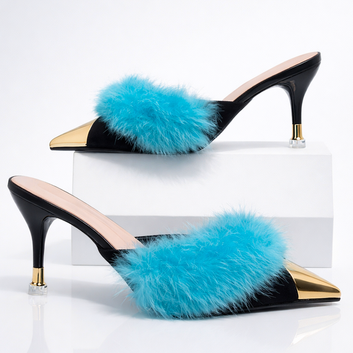 Odette Fur Slip-On Heels — styling shot