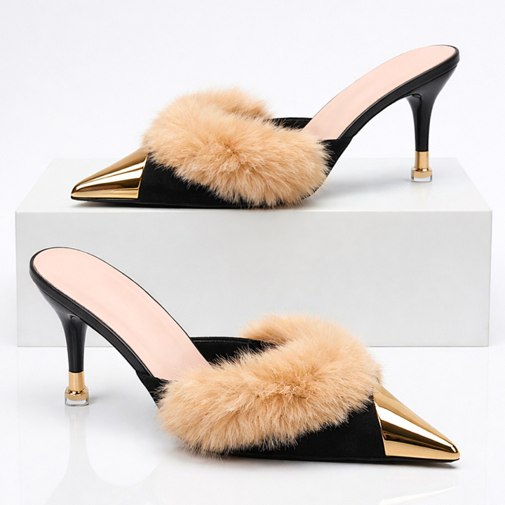 Odette Fur Slip-On Heels — close-up detail