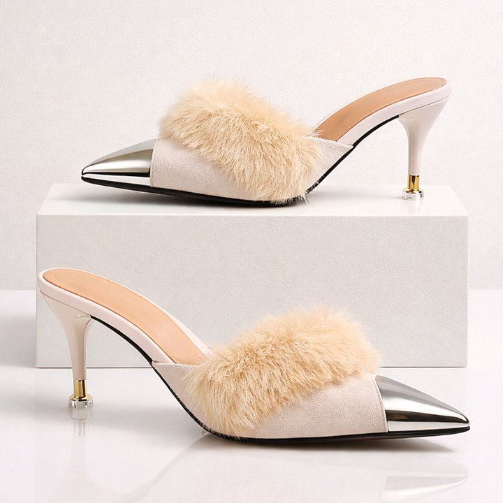 Odette Fur Slip-On Heels — lifestyle shot