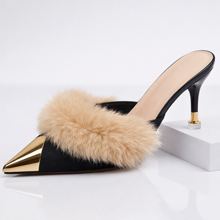 Odette Fur Slip-On Heels — front view