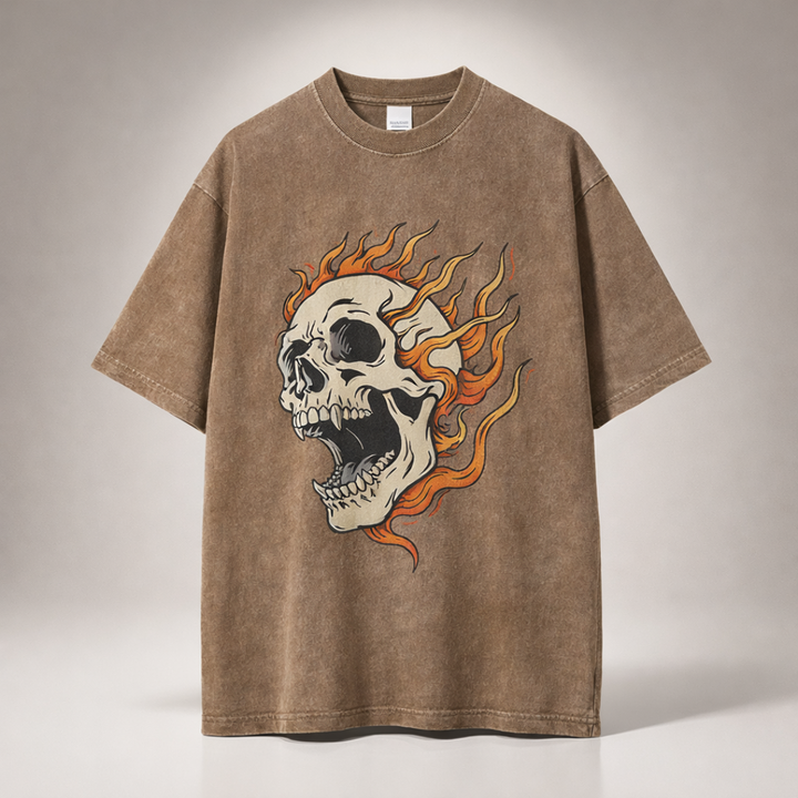 Oversized Acid Wash Flaming Skull Tee — close-up detail