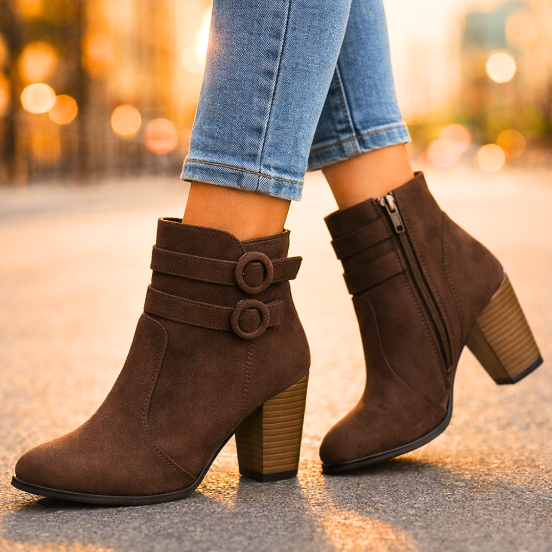 Harper Lane Duet Strap Suede Boots — close-up detail