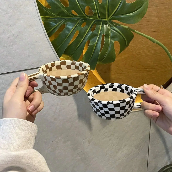 The Checkered Charm Ceramic Mug — styling shot