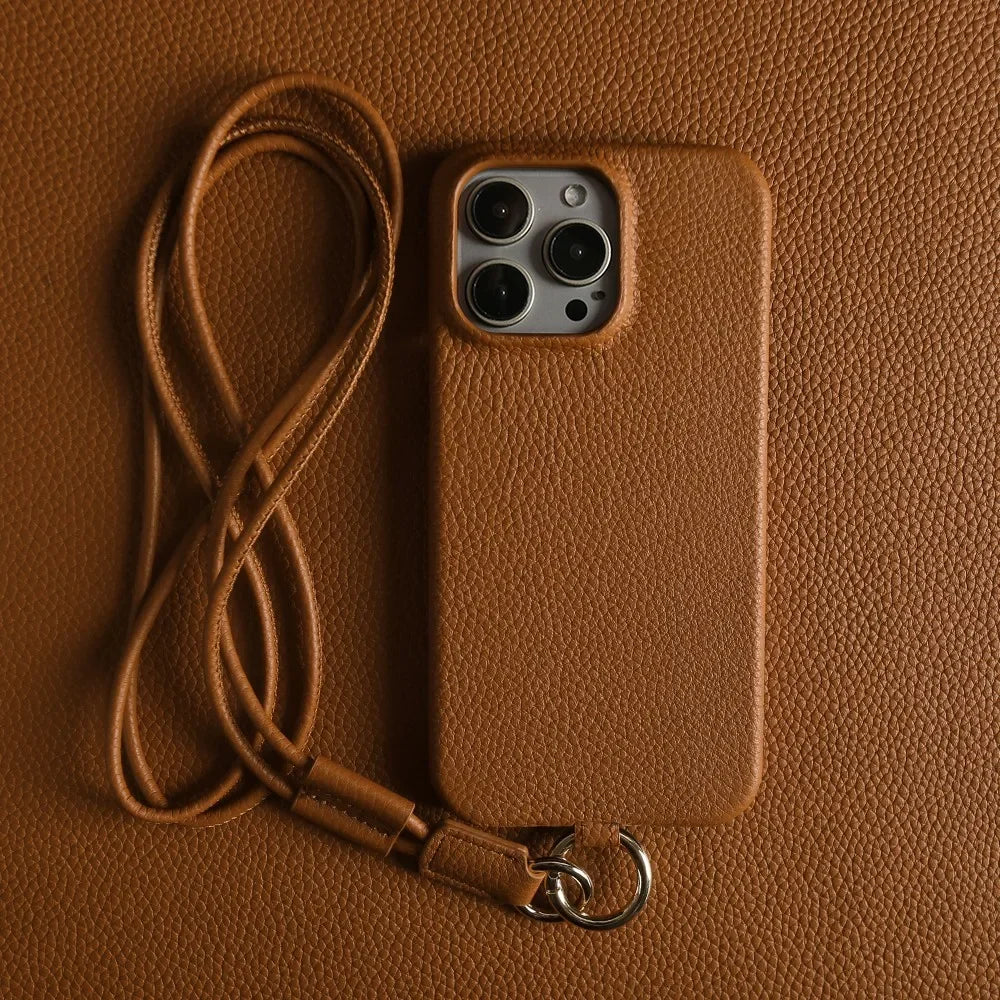 Genuine Cowhide Leather Crossbody iPhone Case — front view
