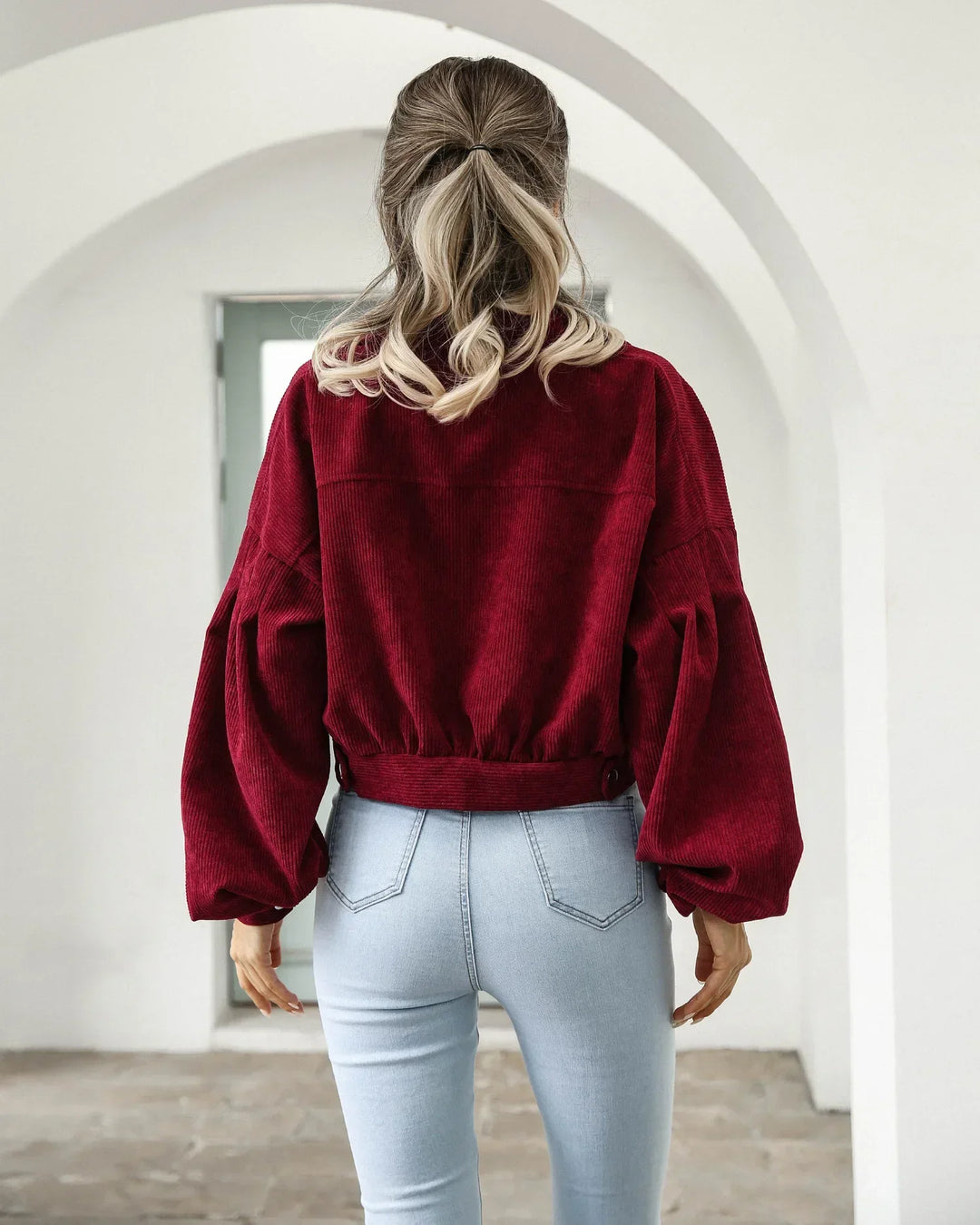 Sierra Corduroy Crop Overshirt — close-up detail