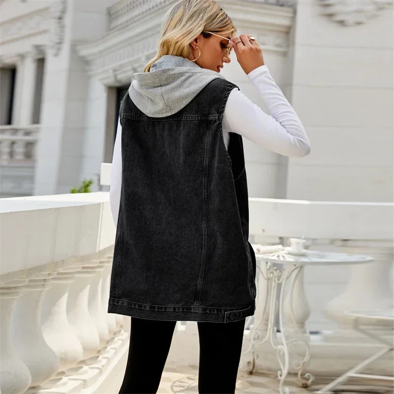 Amber Sky Sleeveless Denim Jacket — close-up detail