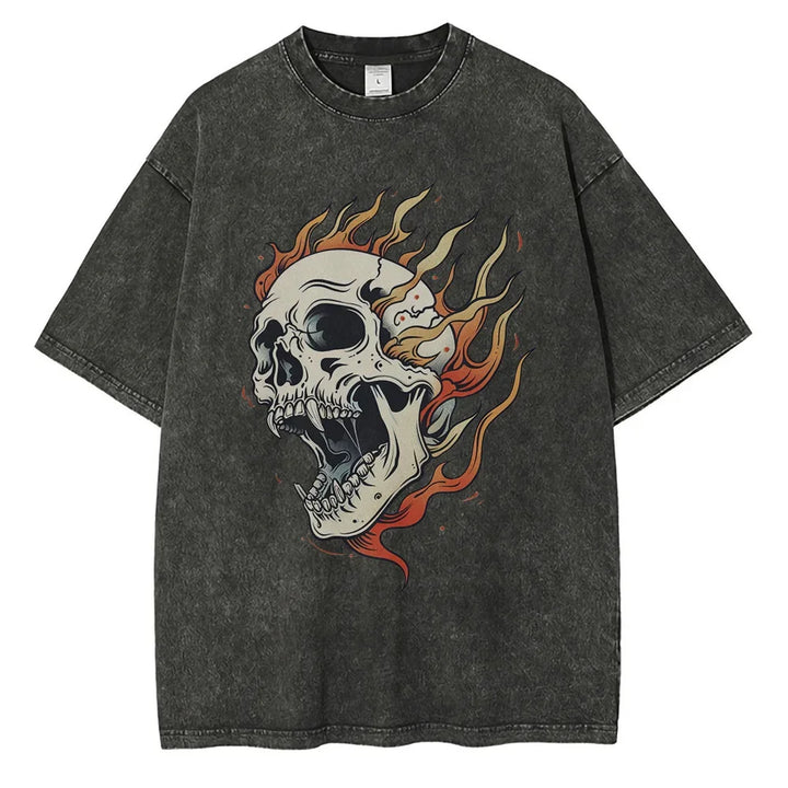 Oversized Acid Wash Flaming Skull Tee — texture detail