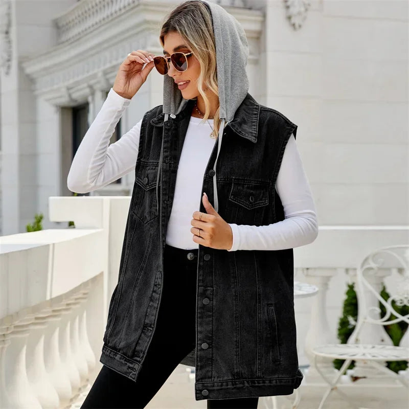 Amber Sky Sleeveless Denim Jacket — back view