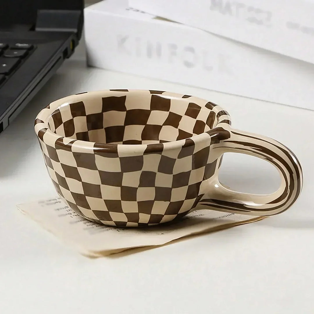 The Checkered Charm Ceramic Mug — front view