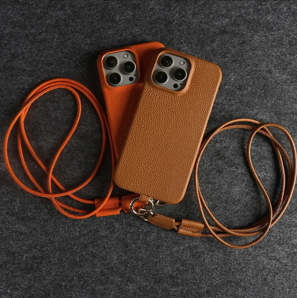 Genuine Cowhide Leather Crossbody iPhone Case — detail view