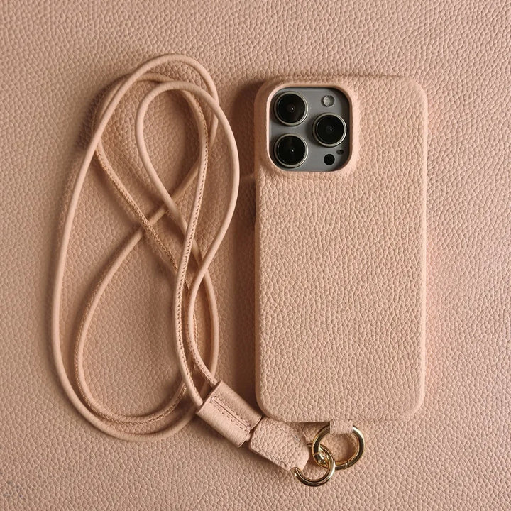 Genuine Cowhide Leather Crossbody iPhone Case — close-up detail