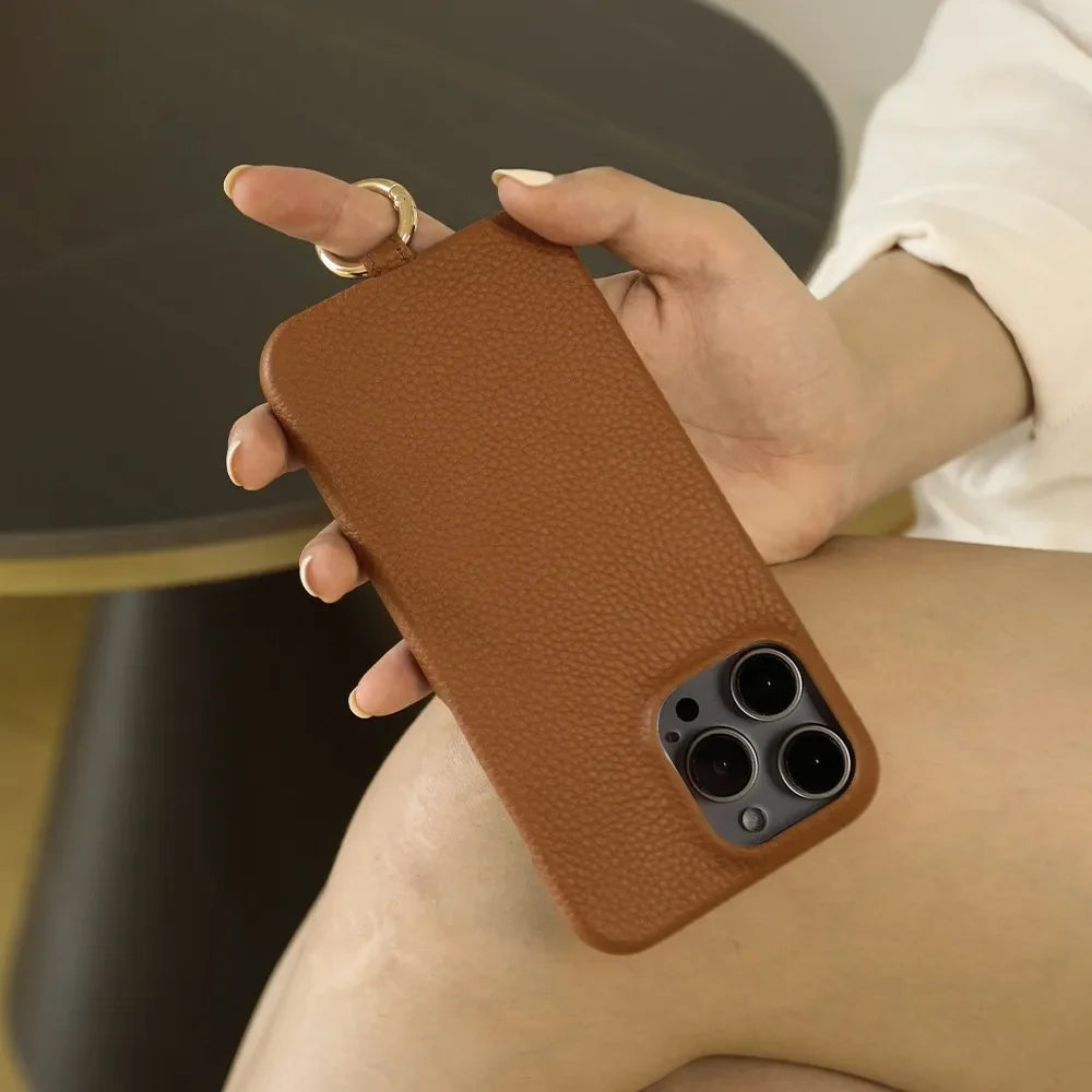 Genuine Cowhide Leather Crossbody iPhone Case — back view